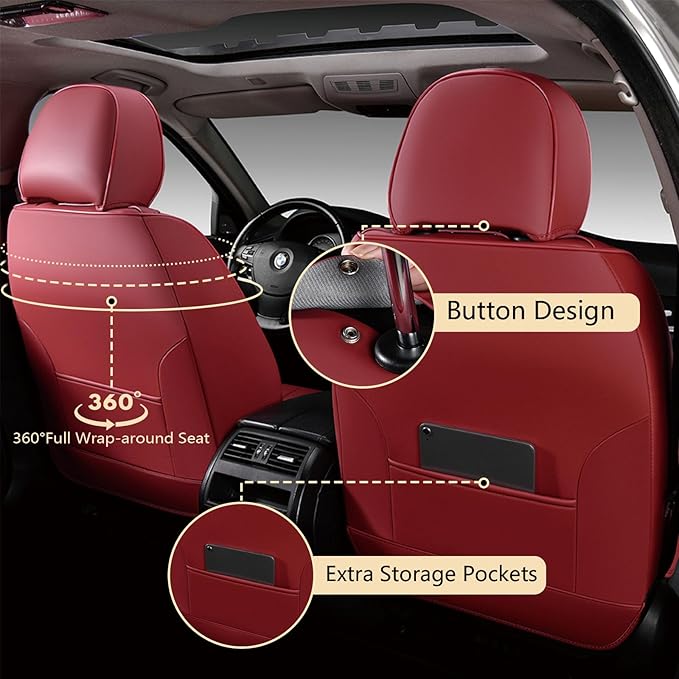 FLORICH Car Seat Cover Full Set, Red Automotive Seat Covers, Luxury Faux Nappa Leather Car Seat Protectors, Car Seat Cushions Universal Fit for Most Sedans SUVs Trucks - Red