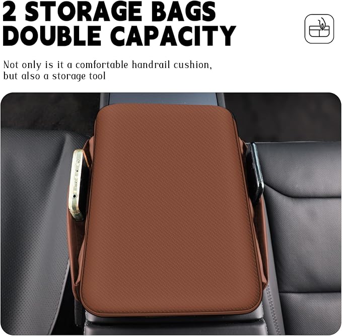 Car Armrest Cover Pad - Nappa Leather Car Center Console Cover with Breathable Holes, Non-Slip Auto Arm Rest Cushion, Universal Car Interior Accessories Fit forTesla Model Y (Dark Brown)
