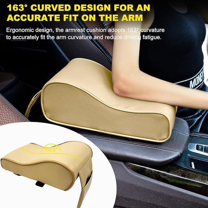 Car Armrest Cushion, Soft Memory Foam Auto Armrest Pillow with Storage Bag, Leather Center Console Arm Rest Padded Cushion with Phone Holder, Universal Car Accessories (Beige)
