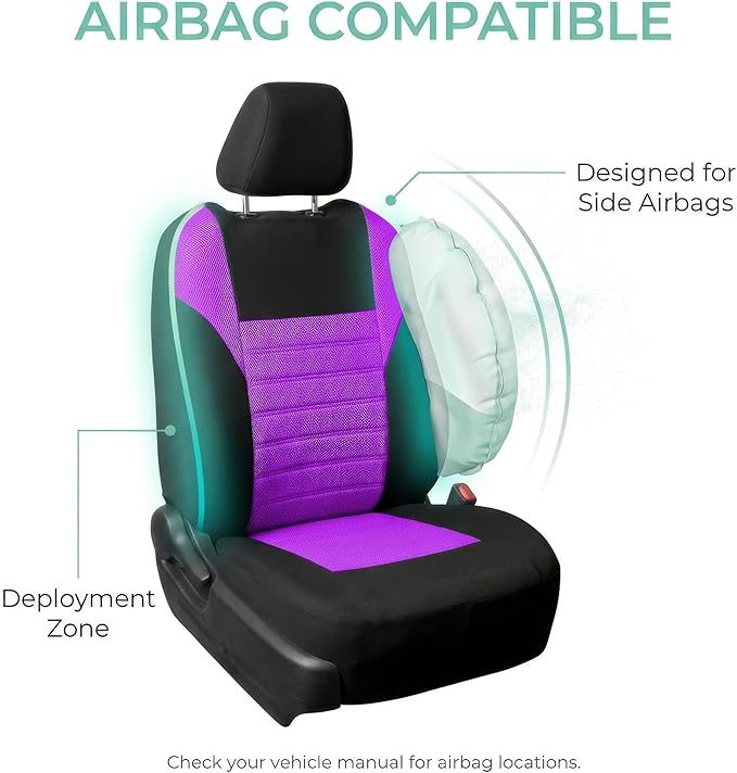 FH Group Automotive Car Seat Covers Full Set Premium 3D Air Mesh Front Seat Covers, Airbag Compatible & Split Bench Cover Universal Fit Interior Accessories for Cars Trucks and SUVs - Purple