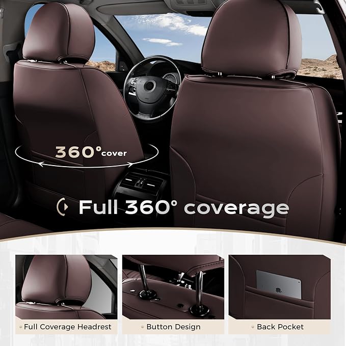 Coverado Car Seat Covers Full Set, Seat Covers for Cars, Car Seat Cover, Car Seat Protector, Leather Car Seat Cushion, Waterproof Car Seat Covers Front Seats and Back Fit for Most Cars(Coffee)