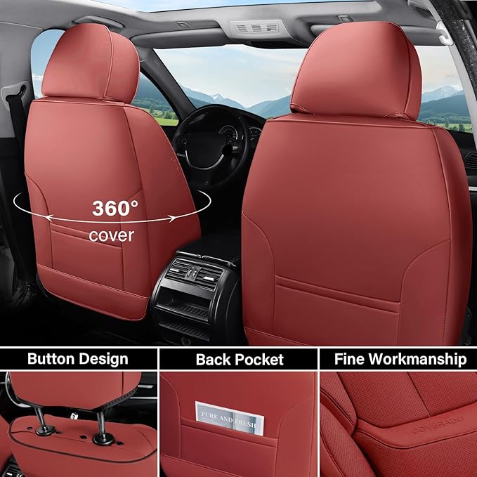 Coverado Universal Seat Covers Full Set, 5 Seats Universal Seat Covers for Cars, Waterproof Faux Leather Car Seat Covers with Head Pillow, Auto Protectors Fit for Most Sedans SUV Pick-up Truck-Red