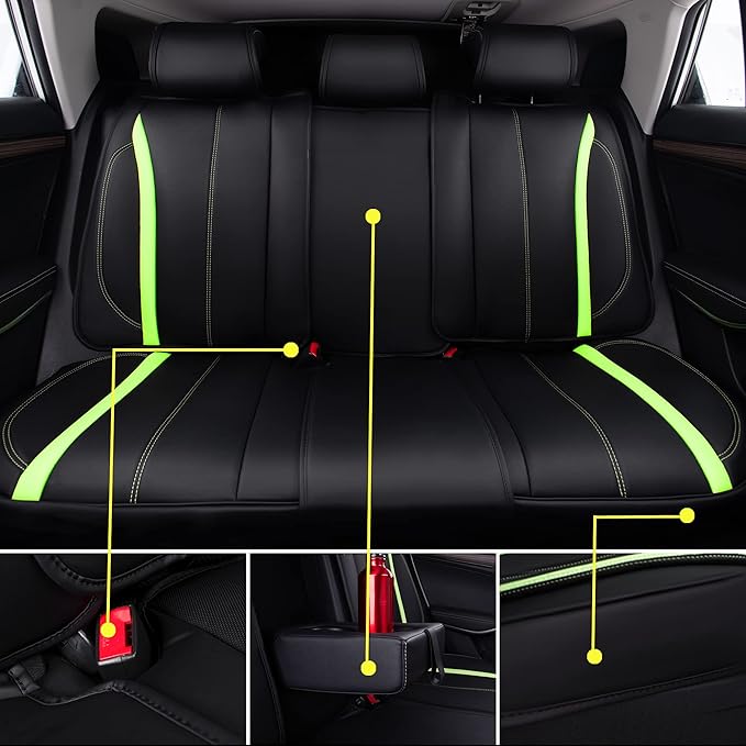 CAR PASS Fluorescent Green & Nappa Leather Seat Covers Full Set, with Backrest Cushion Protector Waist Protection Universal Fit for SUV Pick-up Truck, Automotive Vehicle Interior (Black Green)