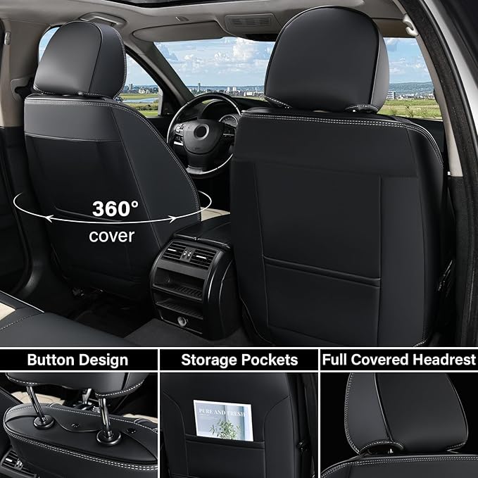 Coverado Front Seat Covers, Car Seat Covers Front Seats, Leather Seat Covers for Cars, Automotive Seat Covers Car Seat Protector Car Accessories Fit for Most Sedans SUV Pick-up Truck(Black&Beige)