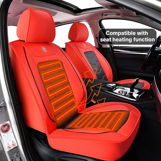 Red Car Seat Covers Complete Set, Universal Car Seat Covers for Cars, Premium Waterproof Leather, Protect & Upgrade Car Interiors, Airbag Compatible, Easy to Install & Clean Up