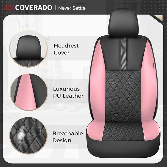 Coverado Car Seat Covers Full Set, Automotive Leather Seat Covers for Car，Universal Fit Front Back Seat Cover, Non-Slip Waterproof Breathable Car Seat Protector