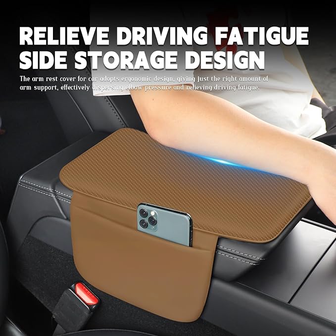 Car Armrest Cover Pad - Nappa Leather Car Center Console Cover with Breathable Holes, Non-Slip Auto Arm Rest Cushion, Universal Car Interior Accessories Fit forTesla Model Y (Light Brown)