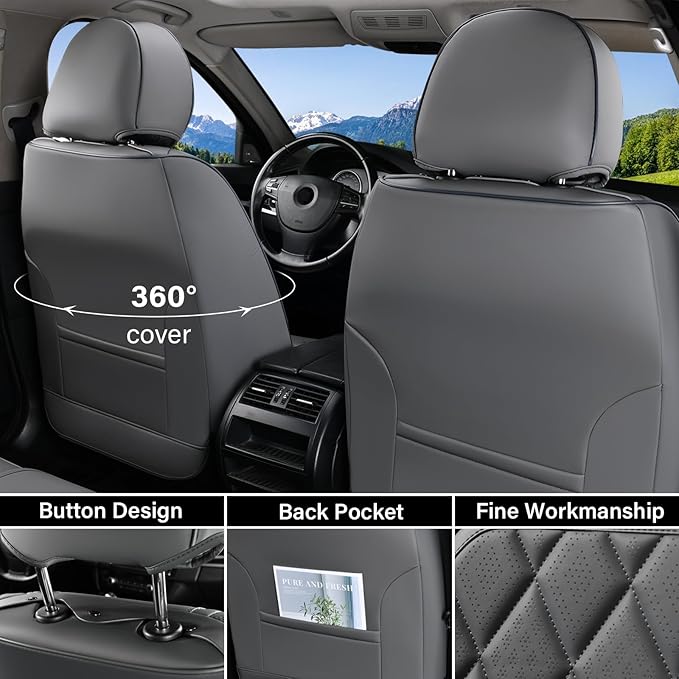 Coverado Car Seat Covers Full Set, Luxury Faux Leather Seat Covers for Cars, Waterproof Car Seat Protector, Gray Car Seat Cover, Universal Automotive Seat Covers Fit for Most Sedan SUV Trucks