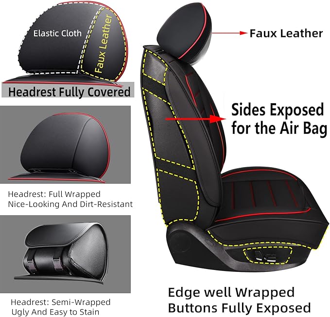 CAPITAUTO Leather Car Seat Covers, Waterproof Faux Leatherette Cushion Cover for Cars SUV Pick-up Truck Universal Fit Set for Auto Interior Accessories(2 Front Red&Black)