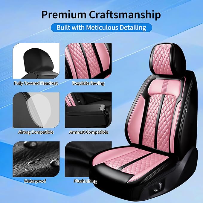 Fit Prologue Car Seat Covers for Select Honda Prologue 2024-2026 - Premium Full Coverage Leather, Airbag Compatible, Waterproof & All Weather Seat Cushion Protector, Full Set, Black+Pink