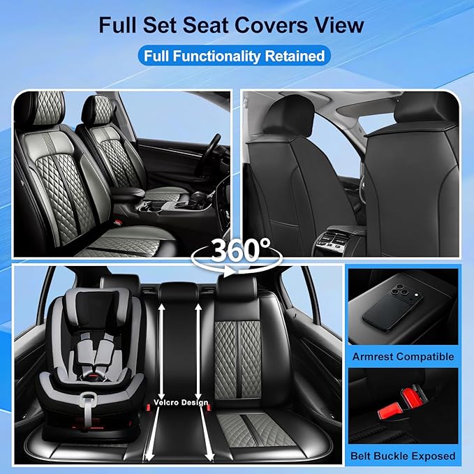 Fit Prologue Car Seat Covers for Select Honda Prologue 2024-2026 - Premium Full Coverage Leather, Airbag Compatible, Waterproof & All Weather Seat Cushion Protector, Front Pair Black+Gray
