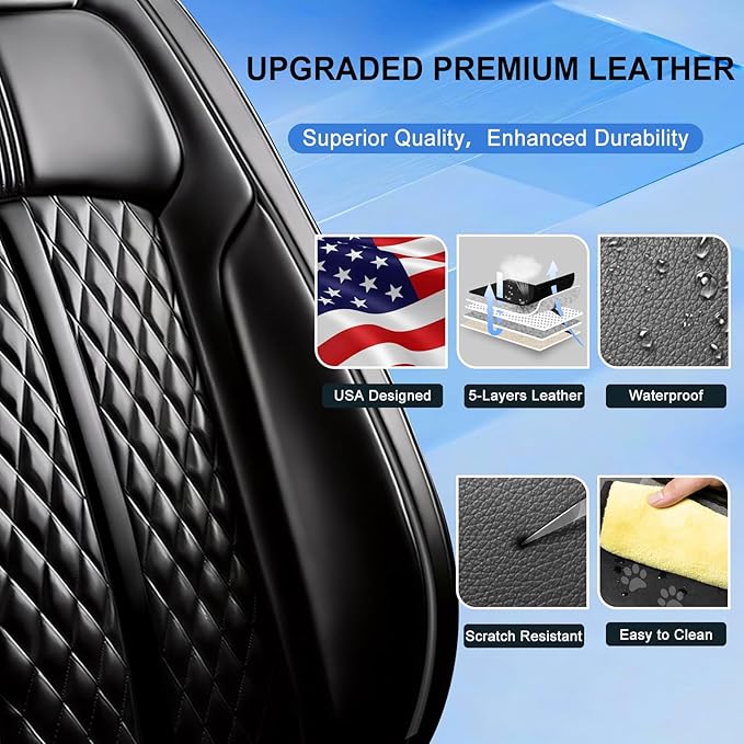 Fit Civic Car Seat Covers (Front Pair) for Select Honda Civic 2020-2026 Sedan(Not for Coupe) - Full Coverage Leather, Waterproof & All Weather Breathable Seat Cushion Protector, Black