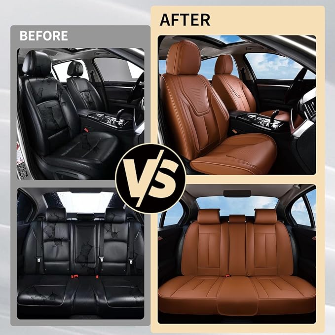 FLORICH Car Seat Covers, Brown Leather Seat Covers for Cars, Faux Nappa Leather Automotive Seat Protectors, Car Seat Cushions Universal Fit for Most Sedans SUVs Trucks - Brown