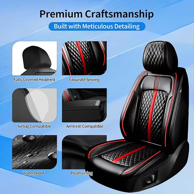 Fit Insight Car Seat Covers for Select Honda Insight 2010-2022, Premium Full Coverage Leather, Airbag Compatible & Scratch-Resistant, Waterproof All Weather Seat Protector, Full Set, Red Trim