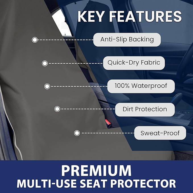 Dri Seats Waterproof Car Seat Cover – Premium Sweat Towel with Slip Resistant Backing for Front Seats in Cars, Trucks, SUVs – Universal Seat Covers & Liner, Easy Install (Gray, Large)