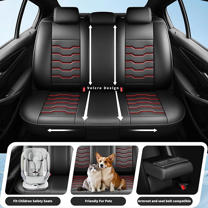 Fit Frontier Car Seat Covers Premium Leather for Nissan Frontier 2009-2025 2026. Waterproof， Breathable, Scratch-Resistant & All-Weather Seat Cushion Protector（Full Set,Red Line Black