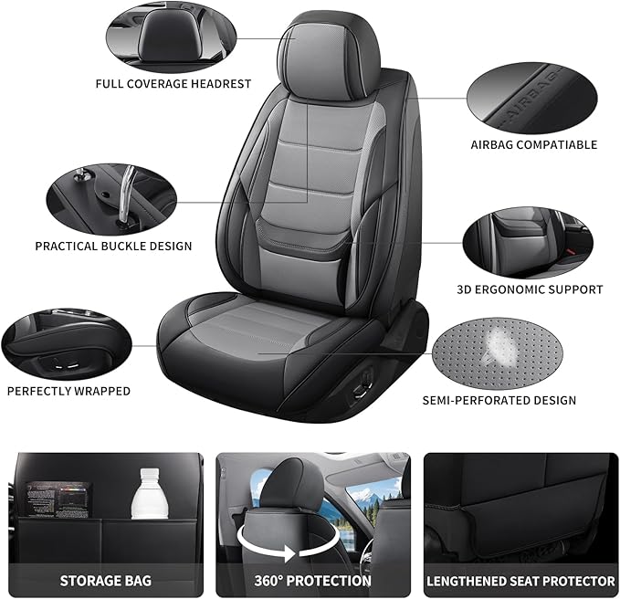 Car Seat Covers Full Set Custom Fit for Ford Fusion 2007-2020 - Premium Faux Leather with Lumbar Support, Waterproof, Breathable, Anti-Slip, Easy to Install &Protectors (Black&Gray,Full Set)