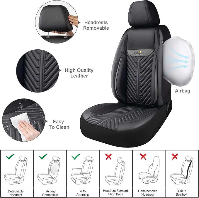 PU Leather Car Seat Covers Full Set – Waterproof seat Cover for Cars，3D Foam Support Automotive seat Covers ，Airbag Compatible, Universal Fit for Cars SUVs Trucks Sedans（Black/Grey）