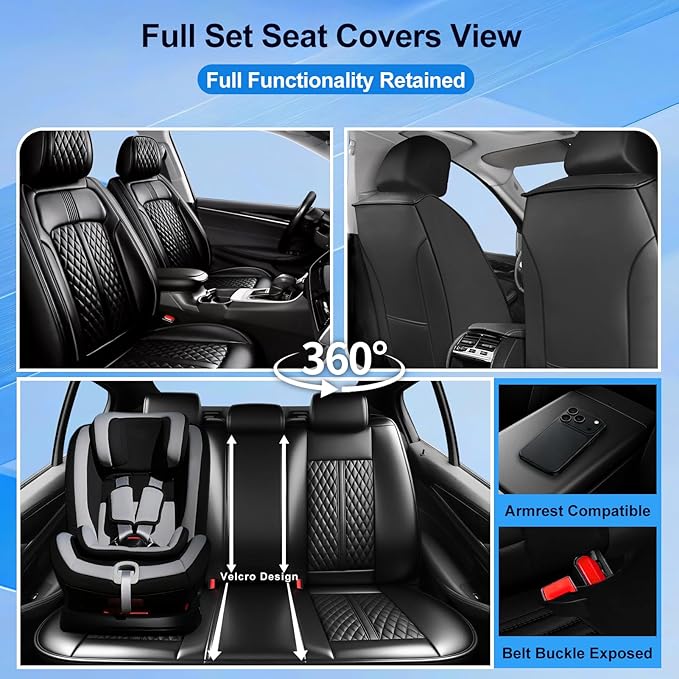Fit Prologue Car Seat Covers for Select Honda Prologue 2024-2026 - Premium Full Coverage Leather, Airbag Compatible, Waterproof & All Weather Seat Cushion Protector, Full Set, Black