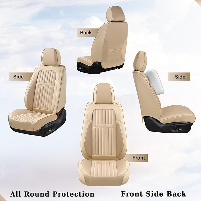 Coverado Beige Nappa Leather Car Seat Covers, Universal Fit Front Seats, 2-Pack Waterproof Seat Covers, Perforated Faux Leather, Compatible with Most Cars Trucks