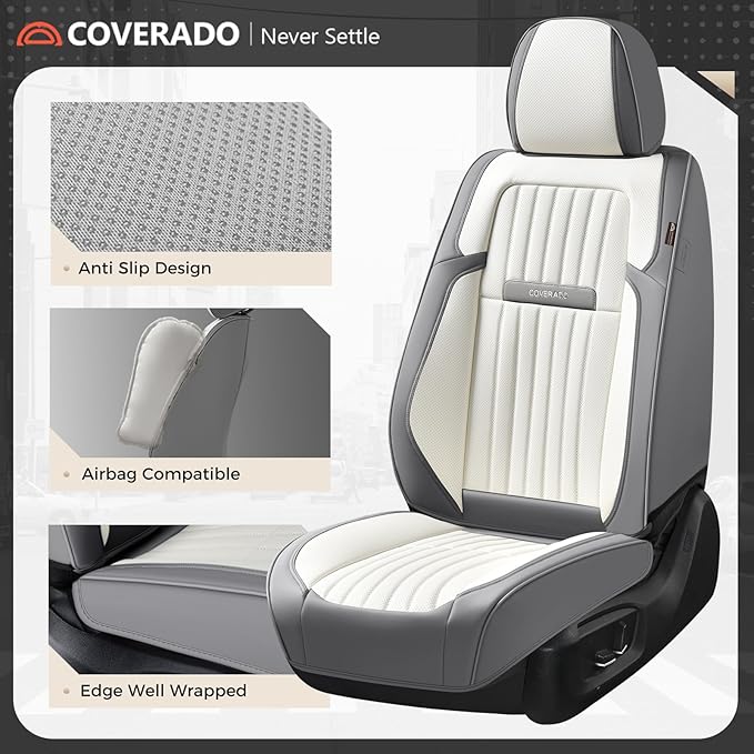 Coverado Car Seat Covers Front Seats, Seat Covers for Cars, Car Seat Protector, 2-Pack Car Seat Cushion Nappa Leather, Waterproof Seat Covers Carseat Cover Universal Fit for Most Cars(Gray&White)