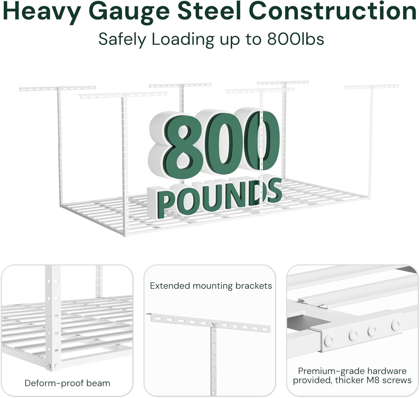 SunsGrove 3x8 Garage Storage Overhead Rack Organization, Adjustable Ceiling Mounted Storage Racks, 800LBS Weight Capacity, 22"-40" Ceiling Dropdown, White
