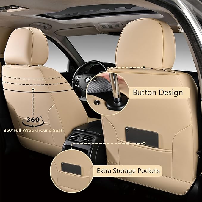 FLORICH Seat Covers, Front Car Seat Covers Luxury Waterproof Faux Leather Seat Covers Cushion, Car Seat Protectors Universal Fit for Most 5 Seats Vehicles - Beige