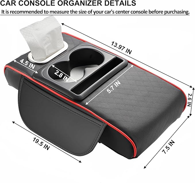 Center Console Cover,Car Armrest Cushion Multifunctional with 2 Storage Bags Cup Holder,Phone Slot,Tissue Box Slot for Most Cars Accessories Interior Organizers-Brown 13.8x7.9 in