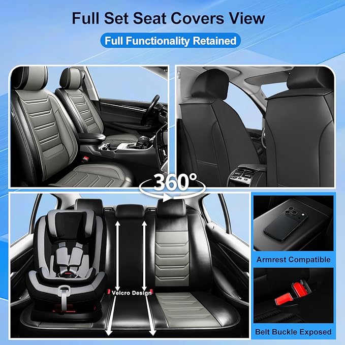 Fit Accord Car Seat Covers for Select Honda Accord 2012-2026 - Premium Full Coverage Leather, Airbag Compatible, Waterproof & All Weather Seat Protector, Full Set, Black+Gray
