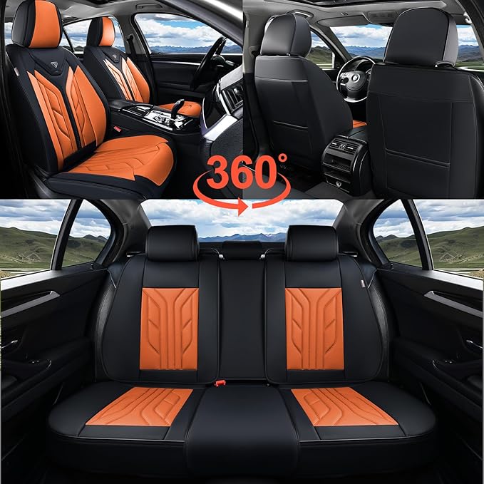 Coverado Car Seat Covers Full Set, Automotive Seat Covers Car Seat Protector Car Seat Cushion, Waterproof Leather Seat Covers for Cars, Universal Fit for Most Sedans SUV Pick-up Truck(Black&Orange)