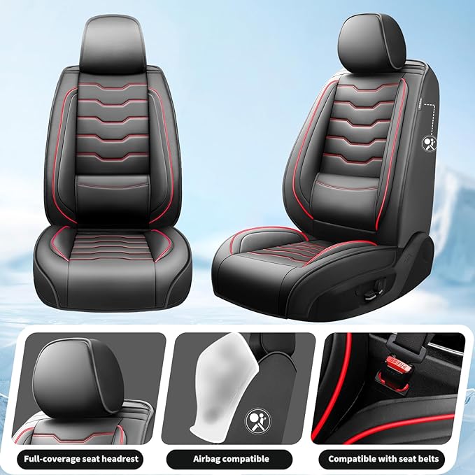Fit Frontier Car Seat Covers Premium Leather for Nissan Frontier 2009-2025 2026. Waterproof， Breathable, Scratch-Resistant & All-Weather Seat Cushion Protector（Full Set,Red Line Black
