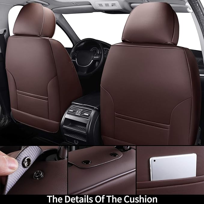Coverado Front and Back Seat Covers, 5 Pieces Waterproof Nappa Leather Auto Seat Protectors Full Set with Head Pillow, Universal Car Accessories Fit for Most Sedans SUV Pick-up Truck, Brown