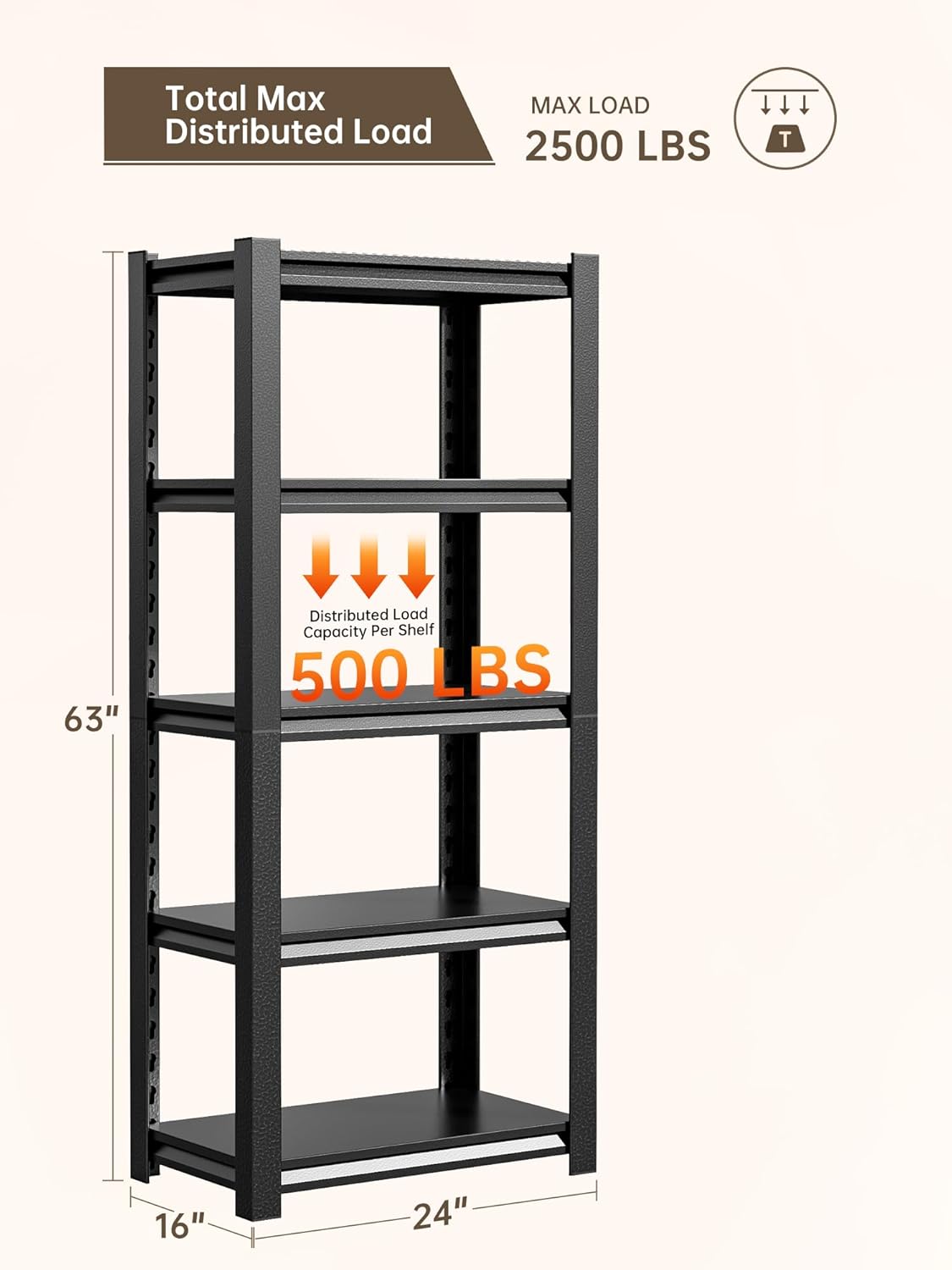 JHYKHG 63" H Storage Shelves,5-Tier Heavy Duty Garage Shelving,Adjustable Shelving Unit,Metal Shelf,Boltless Assembly Rack for Warehouse,Shed,2,500 lb Load,16 x 24 x 63 Inches,Black