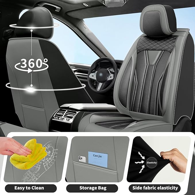 Fit Frontier Car Seat Covers Premium Leather for Nissan Frontier 2009-2025 2026. Waterproof， Breathable, Scratch-Resistant & All-Weather Seat Cushion Protector（Front Seat,Gray&Black