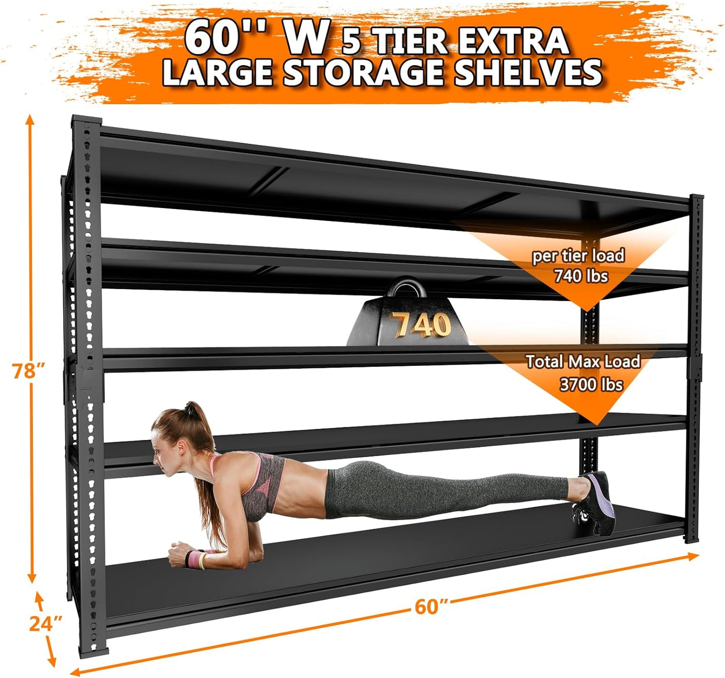 Storage Shelves Heavy Duty 2 PCS,60" L x 24" W x 78" H Garage Storage Shelves Unit Loads 3700LBS, 5-Tier Adjustable Metal Industrial Utility Shelf Rack for Kitchen, Laundry Room, Warehouse, Basement