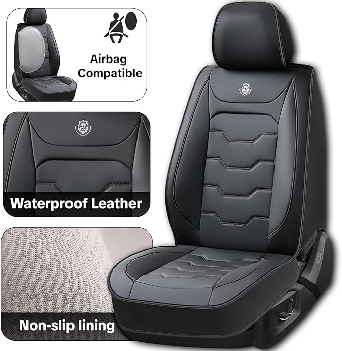 Black Car Seat Cover Full Set Kit, Universal Car Seat Cover for Car, Waterproof Leather, Protect & Upgrade Car Interior, Airbag Compatible, Easy to Install & Clean, For SUV, Pickup Truck, Sedan