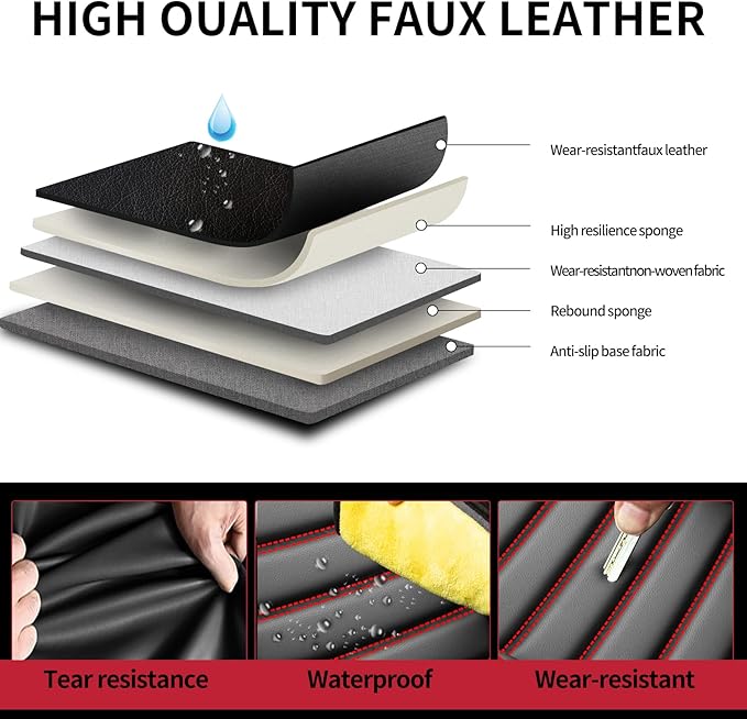 Fit Santa Fe Car Seat Covers for Hyundai Santa Fe 2007-2025 2026 - Upgraded Premium Waterproof & Breathable Leather, Airbag Compatible, All-Weather Seat Cushion Protector(2 Front/Black+Red)