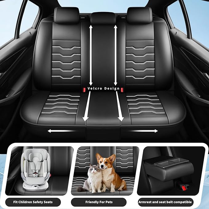 Fit Frontier Car Seat Covers Premium Leather for Nissan Frontier 2009-2025 2026. Waterproof， Breathable, Scratch-Resistant & All-Weather Seat Cushion Protector（Full Set,White Line Black