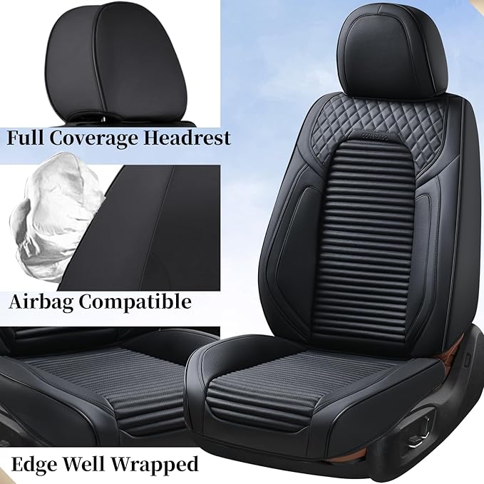Coverado Car Seat Covers Full Set, Leather Seat Covers for Cars, Waterproof Front and Rear Automotive Seat Cover Car Accessories Universal Fit for Most Cars SUV Trucks(Black)