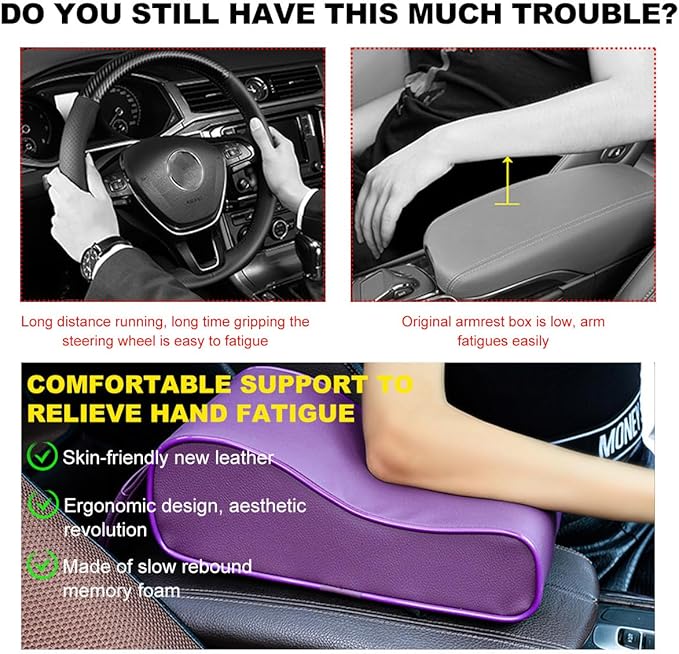 Car Armrest Cushion, Soft Memory Foam Auto Armrest Pillow with Storage Bag, Leather Center Console Arm Rest Padded Cushion with Phone Holder, Universal Car Accessories (Purple)