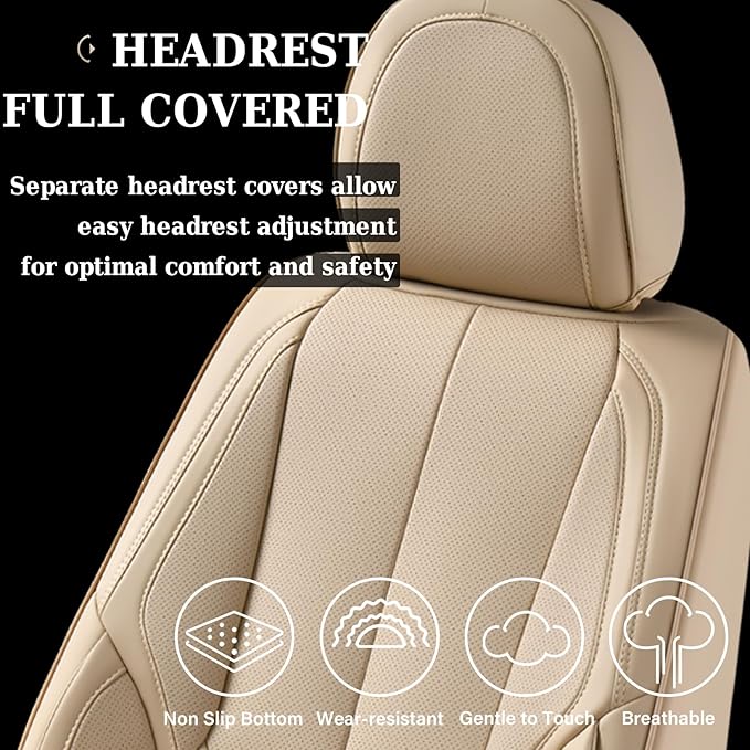 Coverado Car Seat Covers Full Set, Car Seat Protector Waterproof, Nappa Leather Car Seat Cushion, Beige Seat Covers for Cars, Front Seats and Back Universal Fit for Most Cars