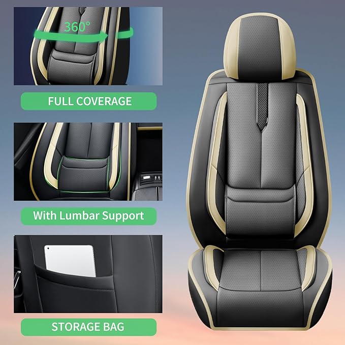 Fit Insight Car Seat Covers for Honda Insight 2010-2021 2022-Upgraded Premium Waterproof & Breathable Leather,Airbag Compatible,All-Weather Seat Cushion Protector,Full Set,Black-Beige