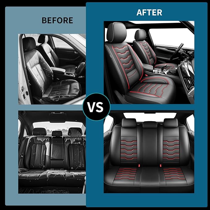 Fit Frontier Car Seat Covers Premium Leather for Nissan Frontier 2009-2025 2026. Waterproof， Breathable, Scratch-Resistant & All-Weather Seat Cushion Protector（Full Set,Red Line Black