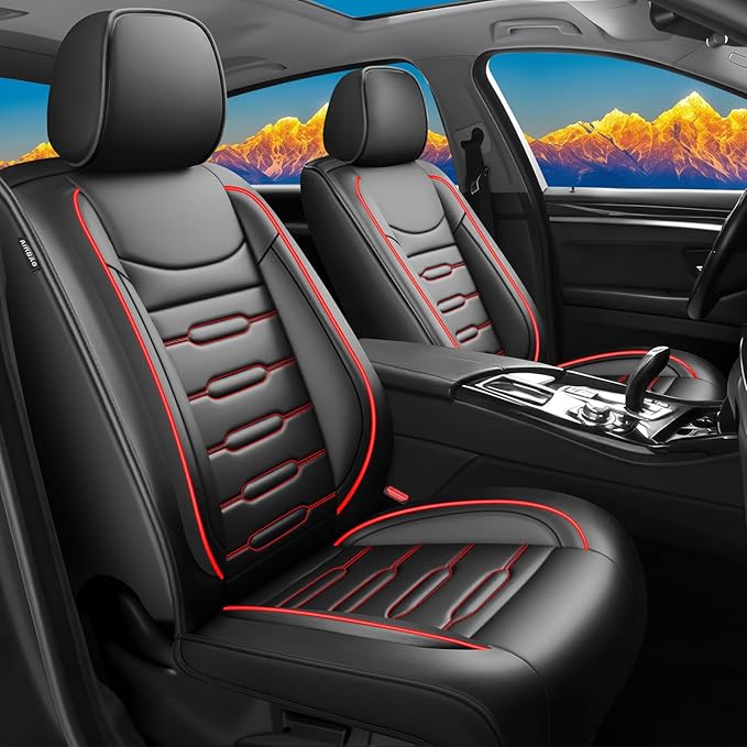 Fit CRV Car Seat Covers for Honda CR-V 2013-2024 2025 2026 - Upgraded Premium Waterproof & Breathable Leather, Airbag Compatible, All-Weather Seat Cushion Protector (2 Front/Black+Red)