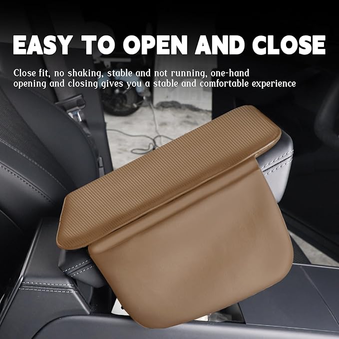 Car Armrest Cover Pad - Nappa Leather Car Center Console Cover with Breathable Holes, Non-Slip Auto Arm Rest Cushion, Universal Car Interior Accessories Fit forTesla Model Y (Light Brown)