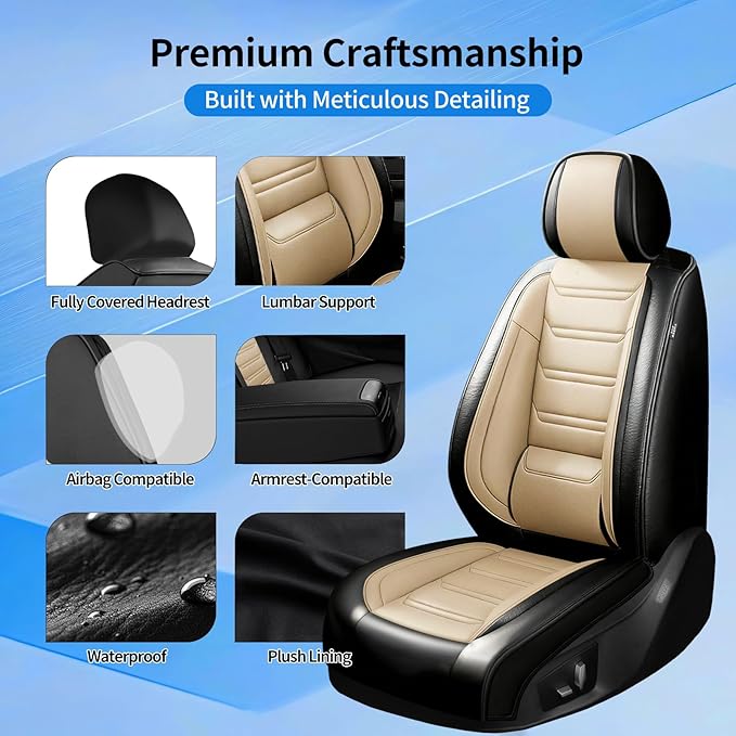 Fit Accord Car Seat Covers for Select Honda Accord 2012-2026 - Premium Full Coverage Leather, Airbag Compatible, Waterproof & All Weather Seat Protector, Front Pair Black+Beige