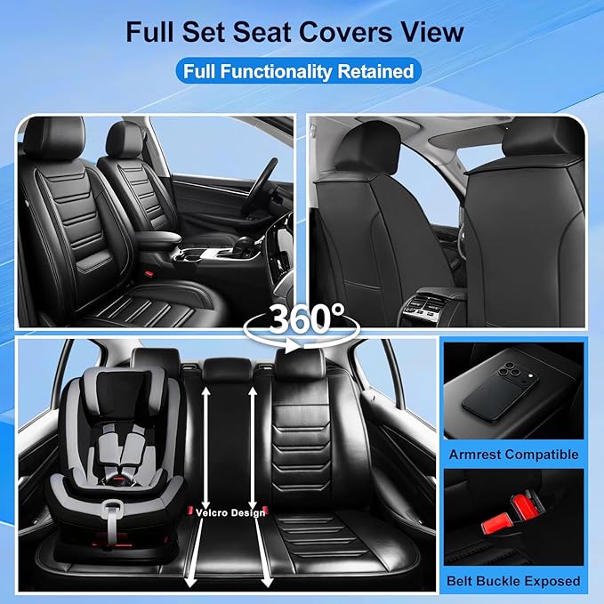 Fit CRV Car Seat Covers for Select Honda CRV CR-V 2011-2025 2026 - Premium Full Coverage Leather, Airbag Compatible, Waterproof & All Weather Seat Cushion Protector, Full Set, Black