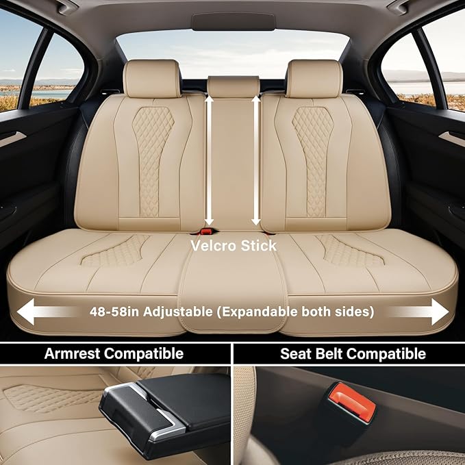 Coverado Automotive Seat Covers, Back Car Seat Cover, Rear Seat Cover, 3-Pieces Luxury Car Seat Cushion, Beige Seat Cover Seat Protector Universal Fit Most Cars