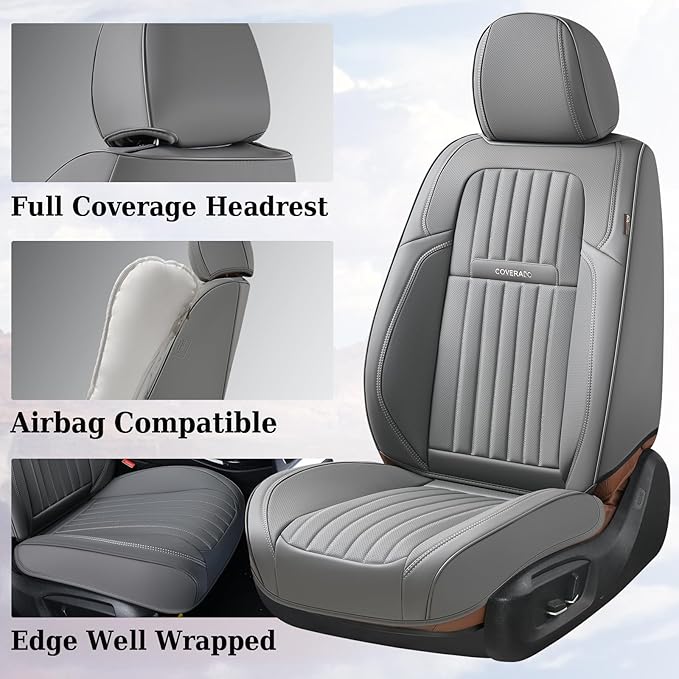 Coverado Front Seat Covers, Car Seat Cover, Gray Seat Covers for Cars, 2PCS Car Seat Protector,Waterproof Faux Leather Car Seat Cushion, Luxury Seat Cushions, Auto Seat Covers Fit for Most Vehicles