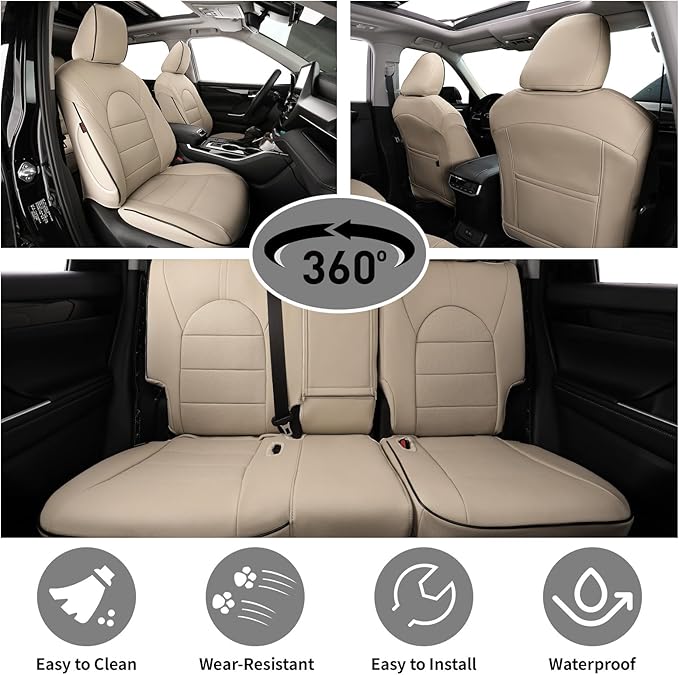 EKR Camry Car Seat Covers for Toyota Camry Hybrid LE,XLE 2012-2017 & Hybrid SE 2015-2017,Waterproof Leather Car Seat Cover Full Set for Trucks SUV-Faux Leather (Beige)